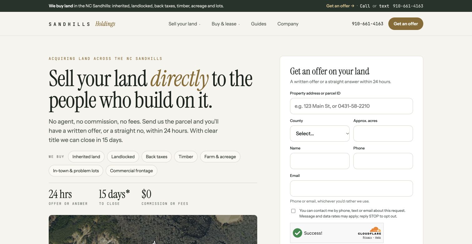 Public homepage of Sandhills Real Estate Holdings, captured October 29, 2026