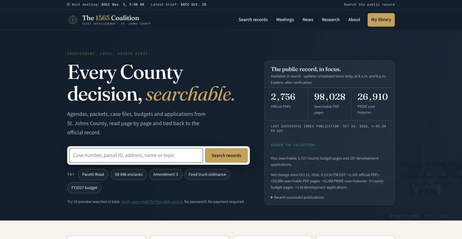 Public homepage of The 1565 Coalition, captured October 29, 2026